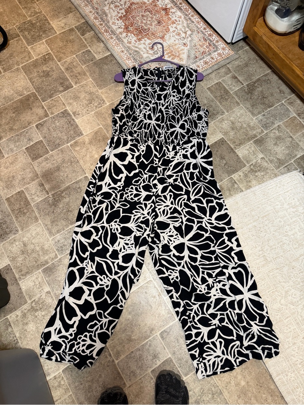 NWOT Calvin Klein Big Flowers Smocked Jumpsuit Black White Wide Leg 14